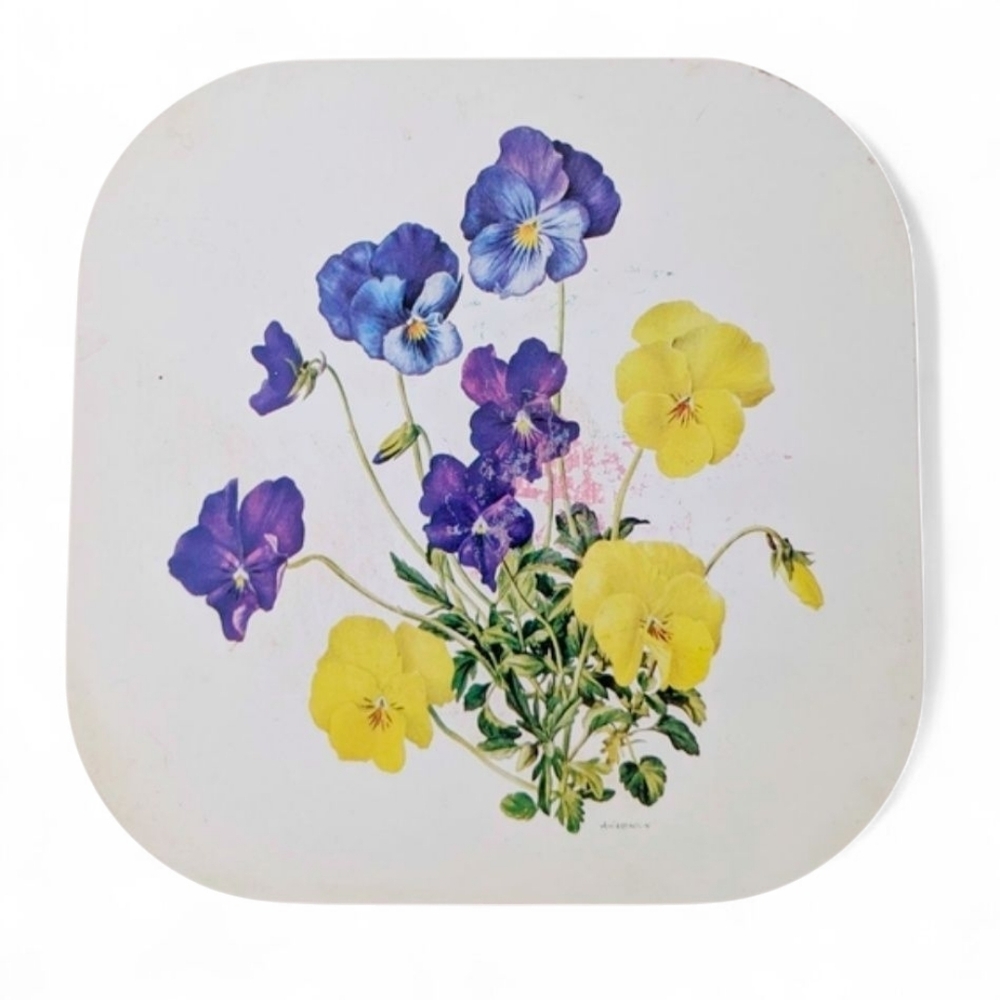 VINTAGE Trivet Tray Pot Holder 1950 Cork White Yellow Violet Pansy Hotplate